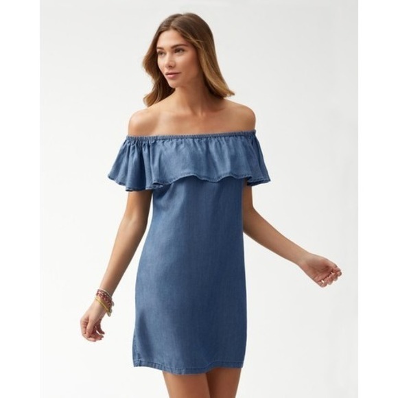 Tommy Bahama Dresses & Skirts - NWT Tommy Bahama Chambray Off-Shoulder Ruffle Dress Womens XS Blue Summer